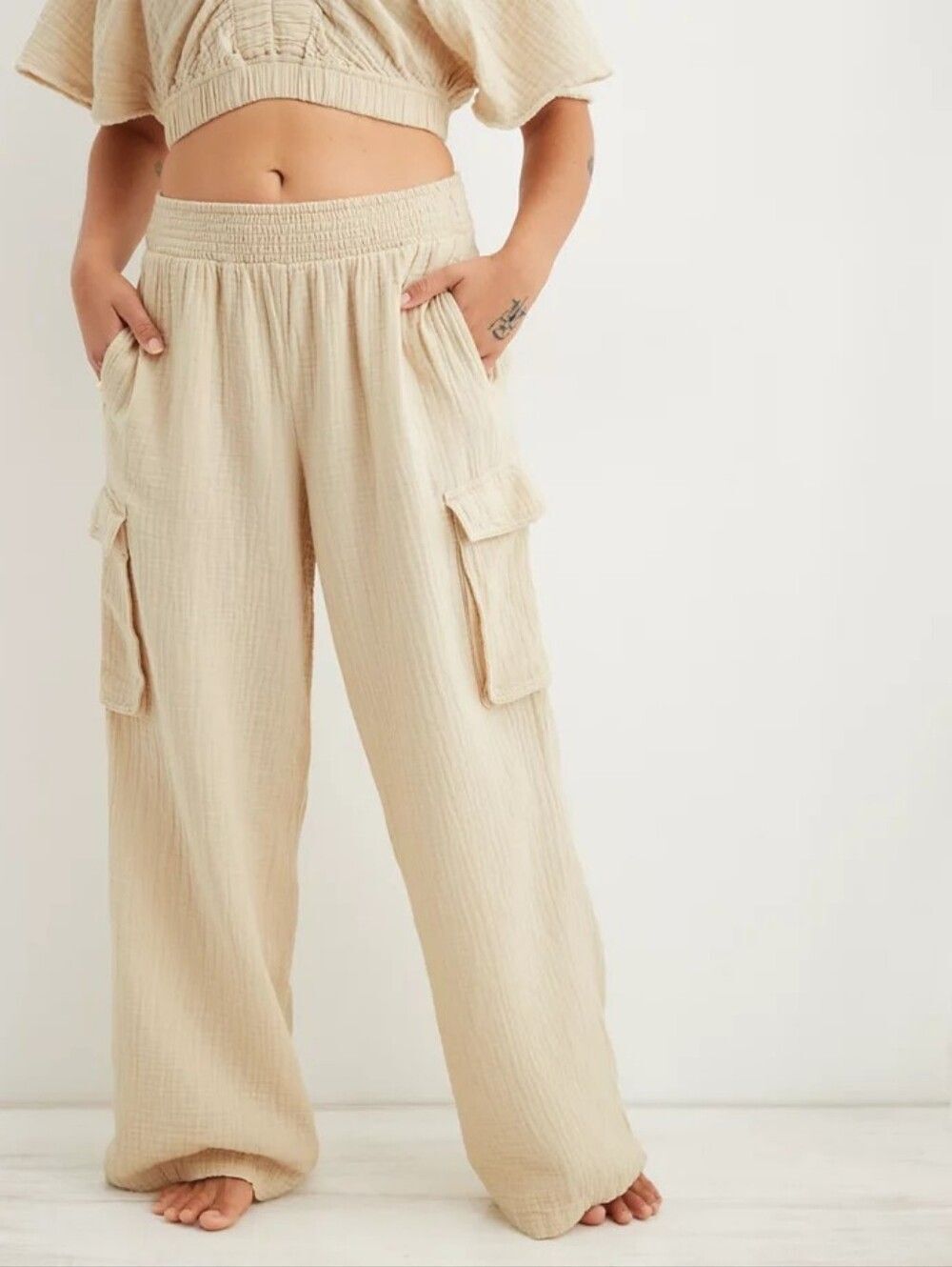 Aerie Cotton Gauze Wide Leg Cargo Pants Cream XL NWT